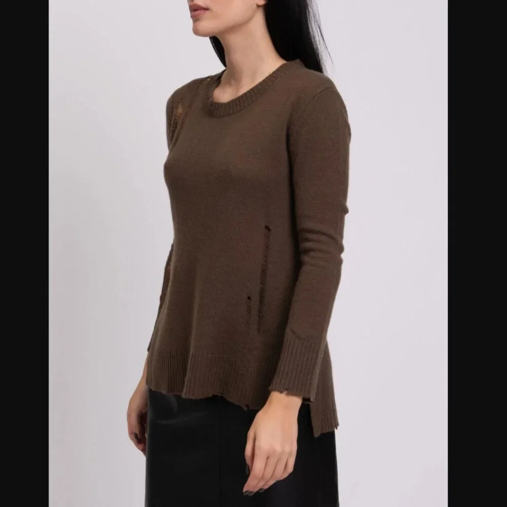 Enza Costa Cashmere Wool distressed women’s sweater small brown loose knit torn - Picture 2 of 10